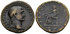 Roman Imperial Trajan. Sestertius. 101-102 AD. Rome. (Ric-432). (Woytek-107a). (Banti-336). Anv.: IMP CAES NERVA TRAIAN AVG GERM P M, laureate head to right. Rev.: TR POT COS IIII P P, Pax seated to l