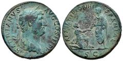 Roman Imperial Hadrian. Sestertius. 134-138 AD. Rome. (Ric-954). (Banti-661). Anv.: HADRIANVS AVG COS III P P, laureate and draped bust right. Rev.: RESTITVTORI HISPANIAE, Hadrian standing left, holdi