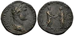 Roman Imperial Hadrian. Sestertius. 134-138 AD. Rome. (Spink-3601 var). (Ric-40). Rev.: FORTVNAE REDVCI. Hadrian, standing right and holding roll, clasping hand with Fortuna holding cornucopiae and re