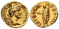 Roman Imperial Antoninus Pius. Aureus. 155-156 AD. Rome. (Ric-III 256a). (C-995). (Bmcre-864). Anv.: ANTONINVS AVG PIVS P P IM• (P II removed), laureate head right. Rev.: TR POT XIX COS IIII, Emperor 