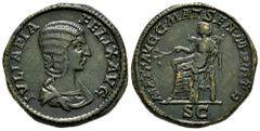 Roman Imperial Julia Domna. Sestertius. 193-211 AD. Rome. (Ric-588 (Caracalla)). Anv.: VLIA PIA FELIX AVG. Draped bust right. Rev.: MAT AVGG MAT SEN M PATR. Julia Domna as Pax seated left with branch 