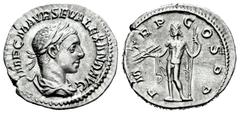 Roman Imperial Severus Alexander. Denarius. 222 AD. Rome. (Ric-5). (Seaby-204). (Spink-7891). Rev.: PM TR P COS P P. Jupiter standing to left holding thunderbolt and sceptre. Ag. 3,11 g. Almost XF/Cho