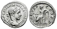 Roman Imperial Severus Alexander. Denarius. 222 AD. Rome. (Ric-14). (Seaby-218a). Rev.: P M TR P COS P P. Salus seated to left, feeding out of patera snake coiled round altar and resting elbow on chai