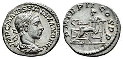 Roman Imperial Severus Alexander. Denarius. 223 AD. Rome. (Ric-32). (Seaby-239). Rev.: P M TR P II COS P P. Salus seated to left, feeding snake. Ag. 2,82 g. Almost XF. Est...100,00. Spanish descriptio
