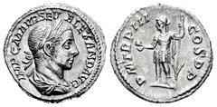 Roman Imperial Severus Alexander. Denarius. 225 AD. Rome. (Ric-44). (Seaby-256). Rev.: P M TR P III COS P P. Alexander standing to left, holding globe and spear. Ag. 3,26 g. Almost XF. Est...80,00. Sp
