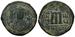 Byzantine Empire Mauricius Tiberius. Follis. 597-598 AD. Antioch. (Sear-533). (Doc-168b). Anv.: Facing bust of Maurice, wearing crown with pendilia and consular robes, holding mappa and eagle-tipped s