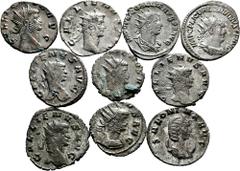 Large Lots Lot of 10 coins from the Roman Empire. Antoninians of the Emperors Gallien, Salonina and Valerian I, with a great variety of reverses and mints. Includes a few scarce.Ag/Bi. TO EXAMINE. Cho