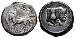 Greek Coins Sicily. Gela. Tetradrachm. 420-415 BC. (Jenkins 471.5 - O91'/R180). Anv.: Biga driving left, Nike above. Rev.: Forepart of man-headed bull right, in field ΓΕΛΑΣ. Ag. 16,93 g. Patina. Ex Je