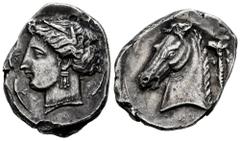 Greek Coins Carthaginian coinage in Sicily. Entella. Tetradracma. 400-360 BC. (Hgc-284). Anv.: Head of Tanit-Persephone to left, wearing wreath of grain leaves, triple-pendant earring and pearl neckla