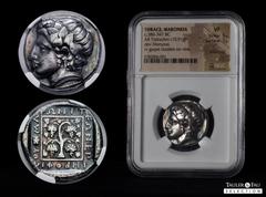 Greek Coins Thrace. Maroneia. Tetradrachm. 386-347 BC. Magistrate, Megakleos. (Hgc-3, 1532). Anv.: Head of young Dionysos left, wearing ivy-wreath. Rev.: MAPONI / TEΩN - EΠ - MEΓAK - ΛEOΣ, grape vine 