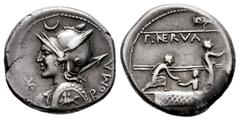 Roman Republican Licinius. P. Licinius Nerva. Denarius. 113-112 BC. Uncertain mint. (Ffc-802). (Craw-292/1). (Cal-888). Anv.: Diademed head of Roma left, holding spear and shield, X before, crescent a