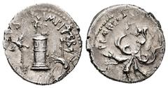 Roman Imperatorial Sextus Pompeius. Denarius. 42-40 BC. Sicilia. (Ffc-6, plate coin). (Craw-511/4a). (Cal-1164). Anv.: (MAG. PIVS) IMP. ITER., the Pharos of Messana by figure of Neptune, galley before