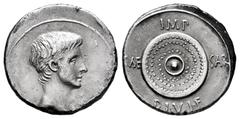 Roman Imperatorial Augustus. Denarius. 35 BC. Mint in Northern Italy or travelling with Octavian in Illyricum. (Ffc-101). (Ric-543a). (Cal-682). Anv.: Bare head of Augustus right. Rev.: IMP., above ro