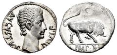 Roman Imperatorial Augustus. Denarius. 15-13 BC. Lugdunum. (Ffc-108). (Ric-167a). (Cal-826). Anv.: AVGVSTVS DIVI. F. bare head of Augustus right. Rev.: IMP. X. in exergue, bull butting right. Ag. 3,82