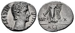 Roman Imperatorial Augustus. Denarius. 15-13 BC. Lugdunum. (Rsc-144). (Ffc-111). (Ric-171). (Cal-828). Anv.: AVGVSTVS DIVI. F. bare head of Augustus right. Rev.: IMP. - X. Apollo standing left, holdin