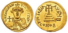 Byzantine Empire Constans II. Solidus. 650-351 AD. Constantinople. (Doc-16 var. No cite office). (Mib-20). (Sear-953). Anv.: ∂ N CONSƮANƮINЧS P P AV, bust facing, with short beard, wearing crown and c