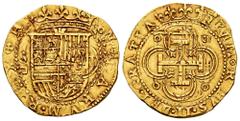 Philip II (1556-1598) Philip II (1556-1598). 2 escudos. ND. Sevilla. (Cal-828 var). (Cal 2008-61, Plate coin). (Tauler-32, Plate coin). Au. 6,67 g. Minted in the normal way and struck again by mistake