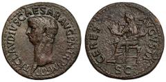 Ancient Coins Claudius (41-54 AD) DupondiusObverse: TI CLAVDIVS CAESAR AVG P M TR P IMPBare head of Claudius to left. Reverse: CERES AVGVSTA / SCCeres, veiled and draped, seated left on ornamented thr