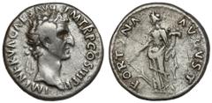 Ancient Coins Nerva (96-98 AD) DenarObverse: IMP NERVA CAES AVG P M TR P COS III P P Laureate head right. Reverse: FORTVNA AVGVSTFortuna standing left, holding cornucopiae and rudder.Silver, diameter 