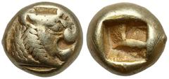 Ancient coins Greece, Lydia, Sardes, Alyattes-Kroisos (610-546 BC) El HemihekteObverse: Head of roaring lion right, sun on forehead.Reverse: Incuse square punch.Electron, diameter 7 mm, weight 0,94 g.