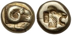 Ancient coins Greece, Lesbos, Mytilene, EL Hekte (521-478 BC)Obverse: Head of ram right; below harassing fighting cock left. Reverse: Incuse head of roaring lion rightElectron, diameter 10 mm, weight 