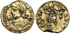 Ancient coins Valentinian I I (364-375 AD) Solidus Subaeratus - rareObverse: DN VALENTINIANVS PF AVGDiademed bust left, holding globe and spear.Reverse: SALVS REIP Emperor standing facing looking righ