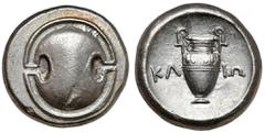 Ancient coins Greece, Boeotia, Thebes (368-364 BC) StaterMagistrate: Klion Obverse: Boeotian shield. Reverse: Amphora, legend in KΛ-IΩ fields. Silver, diameter 21.5 mm, weight 12.2 g. Magistrat: Klion