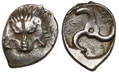 Ancient coins Greece, Lycia, Mithrapata, Tetrobol (390-370 BC)Silver, diameter 14.5-19 mm, weight 2.86 g. Awers: Skalp lwa na wprost.Rewers: Triskeles, pomiędzy ramionami legenda i głowa Heraklesa na 