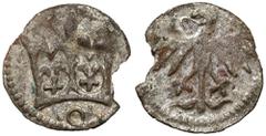 Medieval Poland Kazimierz IV Jagiellończyk, Denar Kraków - OUkruszenie krążka, ale bardzo ładnie zachowane srebrzenie. Denar ze znakiem O pod koroną, dawniej przypisywany panowaniu Olbrachta. Referenc