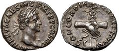 Ancient coins Nerva (96-98 AD) Denarius - BeautifulObverse: IMP NERVA CAES AVG P M TR P COS III P PLaureate head right.Reverse: CONCORDIA EXERCITVVMClasped hands holding aquila set upon prow.Silver, d