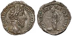 Ancient coins Commodus (177-192 AD) DenariusObv: COMMODVS ANTON AVG PIVSLaureate head right.Rev: TR P VIII IMP VI COS IIII P PFelicitas standing left, holding caduceus and cornucopiae.Silver, diameter