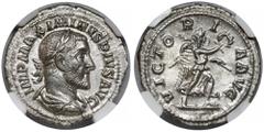 Ancient coins Maximinus Thrax (235-238 AD) DenariusObverse: IMP MAXIMINVS PIVS AVGBust of emperor wearing laurel wreath, armor and paludamentum, to the right.Reverse: VICTORIA AVGVictoria walking to t