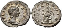 Ancient coins Julia Paula (219-220 n.e.) DenarAwers: Popiersie cesarzowej z draperii, w prawo, w otoku legenda IVLIA PAVLA AVGRewers: Concordia siedząca na tronie w lewo, trzymająca paterę, nad którą 