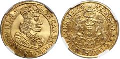COINS POLAND Jan II Kazimierz, Dukat Gdańsk 1660 DL Moneta z widocznym przetarciem tła na awersie. Miejscami stare zabrudzenia w tle rewersu. Odmiana z wcześniejszym typem popiersia. Wariant z kropką 