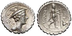 ANCIENT COINS Republika, C. Mamilius Limetanus (82pne) Denar serratus Ciekawszy denar w bardzo ładnym stanie zachowania. Jak na serratusa to dobrze wybity. Awers: popiersie Merkurego w prawo, udrapowa