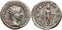ANCIENT COINS Gordian III, Antoninian Rzym - Laetitia Awers: popiersie cesarza w zbroi, paludamentum i koronie promienistej w prawo, w otoku legendaIMP GORDIANVS PIVS FEL AVG.Rewers: Laetitia stojąca 