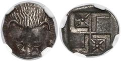Ancient coins / Antike Münzen; Ancient Greece / Antik GriechenlandGreek coins, Panticapaeum, Diobol (450-438/7 BC) Grecja, Pantikapajon, Diobol (450-438/7r pne) Awers: skalp lwaRewers: quadratum incus