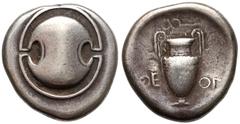 ANCIENT COINS GREECE Boeotia, Thebes, AR Stater (395-335 BC) - Beotian shield / Amphora under caduceus Grecja, Beocja, Teby (395-335pne), Stater Ładny egzemplarz, bez defektów. Charakterystyczny, efek