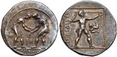 ANCIENT COINS GREECE Pamphylia, Aspendos, AR Stater (370-333 BC) two wrestlers grappling / slinger with triskeles in field Grecja, Pamfilia, Aspendos, Stater (370-333pne) - FͶ Słynny stater z zapaśnik