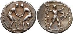 ANCIENT COINS GREECE Pamphylia, Aspendos, AR Stater (370-333 BC) two wrestlers grappling / slinger with triskeles in field Grecja, Pamfilia, Aspendos, Stater (370-330pne) - LΦ Lekko obiegowy, ale o ła