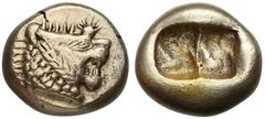 Ancient coins Lidia, władca nieokreślony (VI w.pne), Elektronowa 1/3 Statera Kings of Lydia, uncertain king (6th c. BC), EL Third Stater. Obverse: Head of lion right, sun on forehead.Reverse: Rectangu