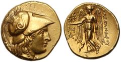 Ancient coins Kings of Macedon, Alexander the Great (336-323 BC), AV Stater, Abydus mint, struck circa 323-317 BC or later. Macedonia, Aleksander Wielki, Złoty Stater pośmiertny (po 323pne) Obverse: H