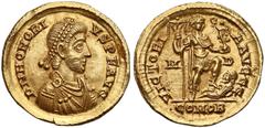 Ancient coins Honorius as Western Roman Emperor (AD 395-423), AV Solidus, Milan (Mediolanum) mint, AD 395-402 Honoriusz (393-423 od 395 cesarz zachodu), Solid - MD Obverse: DN HONORI - VS P F AVG, dia