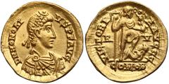Ancient coins Honorius as Western Roman Emperor (AD 395-423), AV Solidus, Ravenna mint, circa AD 402-406 Honoriusz (393-423 od 395 cesarz zachodu), Solid - RV Obverse: DN HONORI - VS P F AVG, diademed