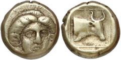 Ancient coins Grecja, Lesbos, Mitylena, Hekte elektronowe (412-378pne) Awers: głowa Apollo zwrócona lekko w prawo. Rewers: wklęsła głowa byka w kwadracie, w prawo. Złoto/elektron, średnica 10.5 mm, wa