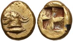 Ancient coins Grecja, Myzja, Kyzikos, Hekte elektronowe (525-500pne) Zadrapania w tle, prezencja ładna. Awers: głowa kozła w lewo, pod nią tuńczyk zwrócony w prawo. Rewers: kwadrat incusum.Złoto/elekt