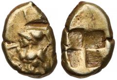 Ancient coins Grecja, Myzja, Kyzikos, Hemihekte elektronowe (500-450pne) - wojownik Moneta z krótkiej emisji monet elektronowych z wojownikiem / bohaterem. Rzadka. Awers: klęczący wojownik w hełmie ko
