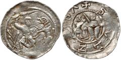 Medieval Poland Collection Władysław II Wygnaniec, Denar - Walka z lwem - 4 gałązki (2 z lewej) Rzadsza odmiana z roślinką na rewersie z czterema gałązkami (dwie umieszczone po lewej stronie najdłuższ