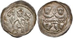 Medieval Poland Collection Bolesław IV Kędzierzawy, Denar - Dwóch za stołem - ★ - ✚ Piękny stan zachowania. Odmiana z gwiazdą i krzyżem w polach po bokach postaci, jednak krzyż innego kroju, nieoparty