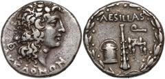 Ancient Coins Macedon, Thessalonica, Aesillas Quaestor, AR Tetradrachm (95-70) Macedonia, Tessaloniki, Aesillas Quaestor, Tetradrachma (95-70) Obv: Head of the deified Alexander the Great; (...) behin